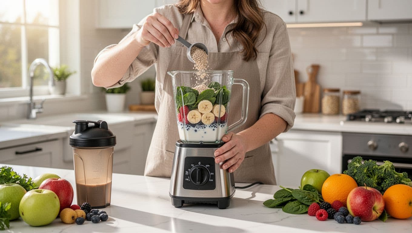 One person in a bright modern kitchen pours plant protein powder from a scoop into a blender filled with sliced banana, berries, spinach leaves, and oat milk. Hands rest relaxed on the blender lid and base, with a shaker bottle and fresh fruits on the counter.