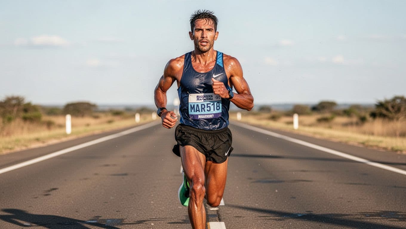 A fit marathon runner charges powerfully down an open road in daylight, displaying strong posture, a determined expression, sweat-glistened skin, and vibrant energy.
