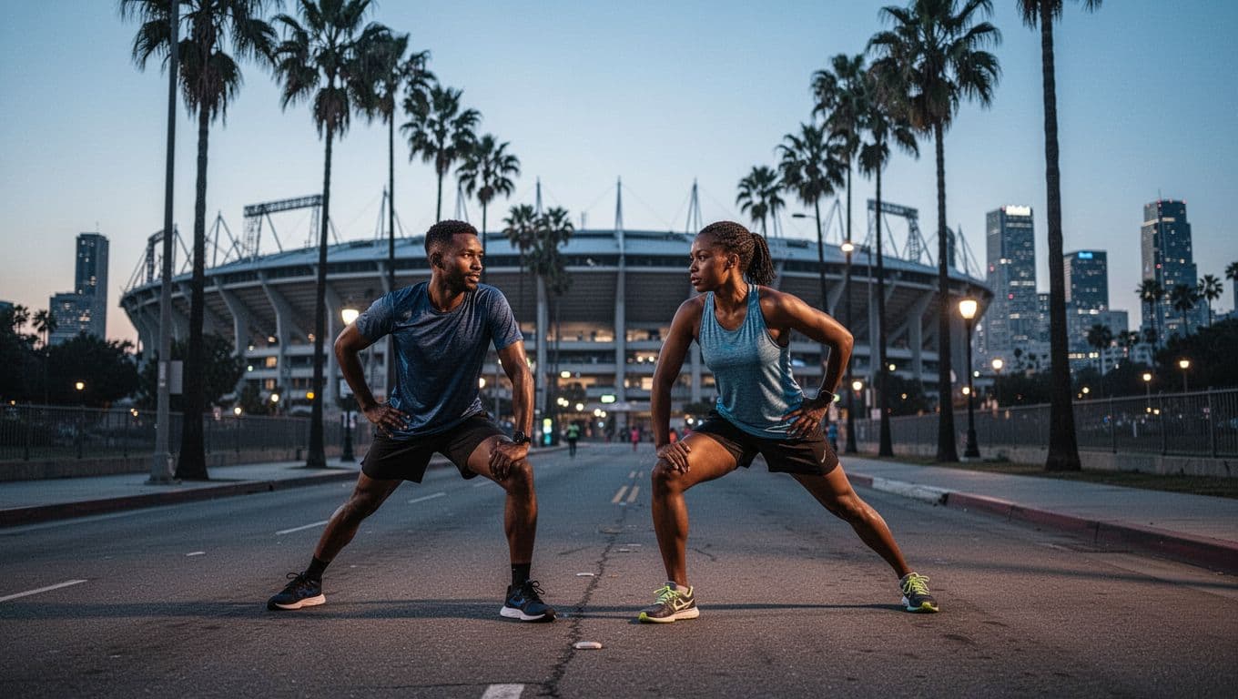 Group of 8-10 diverse runners stretching and warming up before dawn on urban streets near Dodger Stadium in Los Angeles, with palm trees silhouetted against city lights in soft blue hour lighting, evoking pre-race excitement.