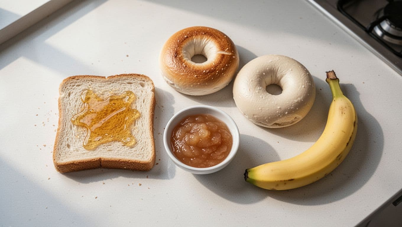 Realistic top-down photo of a clean white kitchen counter in soft morning light, displaying gentle pre-race foods: white toast with honey, plain bagel, applesauce bowl, and ripe banana.