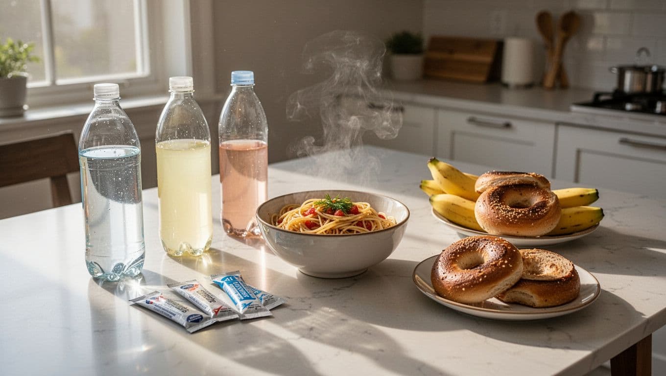 Home kitchen table set for pre-race marathon prep featuring clear glass water bottles with water and sports drinks, electrolyte packets, bowl of pasta, bananas, bagels, in natural morning sunlight, realistic high-detail photo, no people or text.