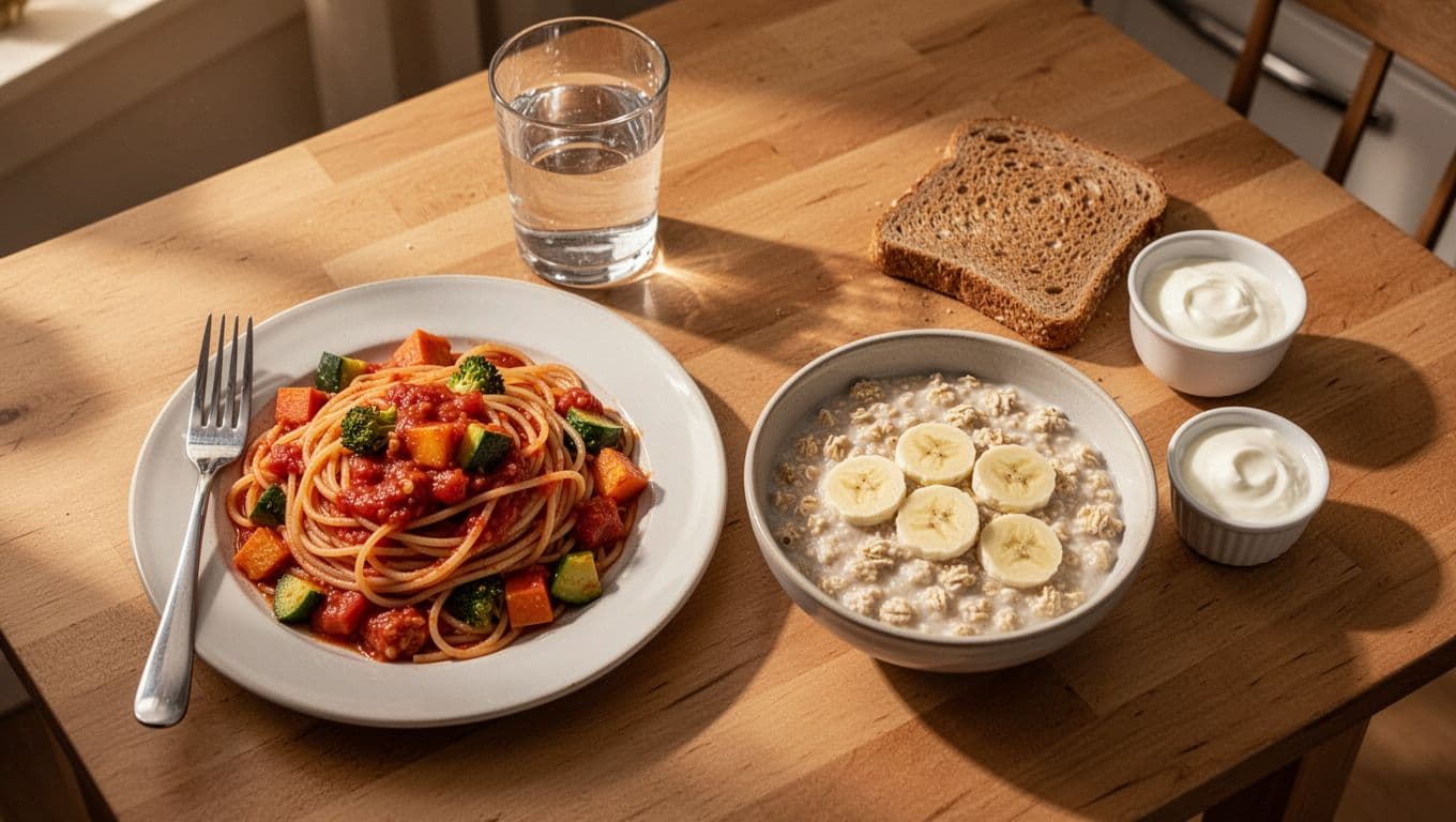 Kitchen table with plate of spaghetti in tomato sauce and vegetables beside water glass, next to oatmeal bowl topped with banana slices, whole grain toast, and yogurt cup.