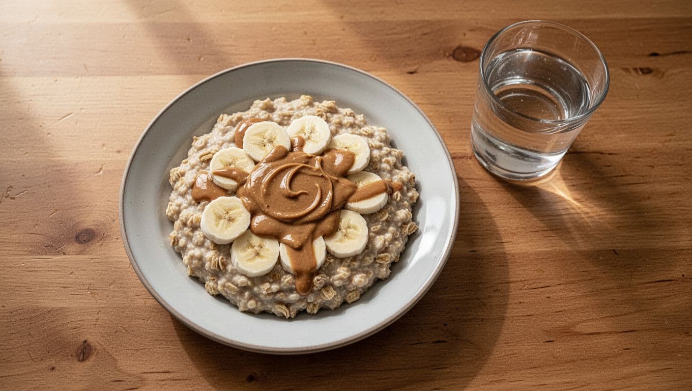 Simple healthy pre-run breakfast on a plate: oatmeal topped with sliced banana and a drizzle of peanut butter, beside a glass of water, on a wooden kitchen table in soft morning light.