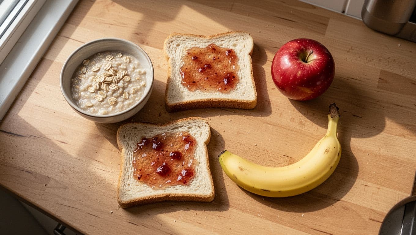 Top-down view of a clean wooden kitchen countertop with simple pre-run snacks for runners: small bowl of plain oatmeal, slice of white toast with thin jam spread, ripe banana, and red apple, bathed in natural morning sunlight, realistic photography style, exactly these four items only.