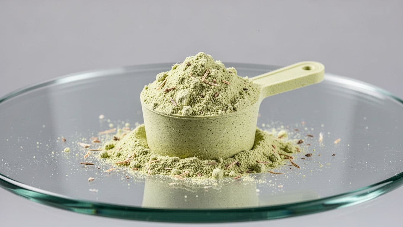 Scoop of premium prebiotic fiber blend powder in soft green-yellow tones with subtle organic fiber particles on a sleek glass surface, realistic supplement product photography under even studio lighting.