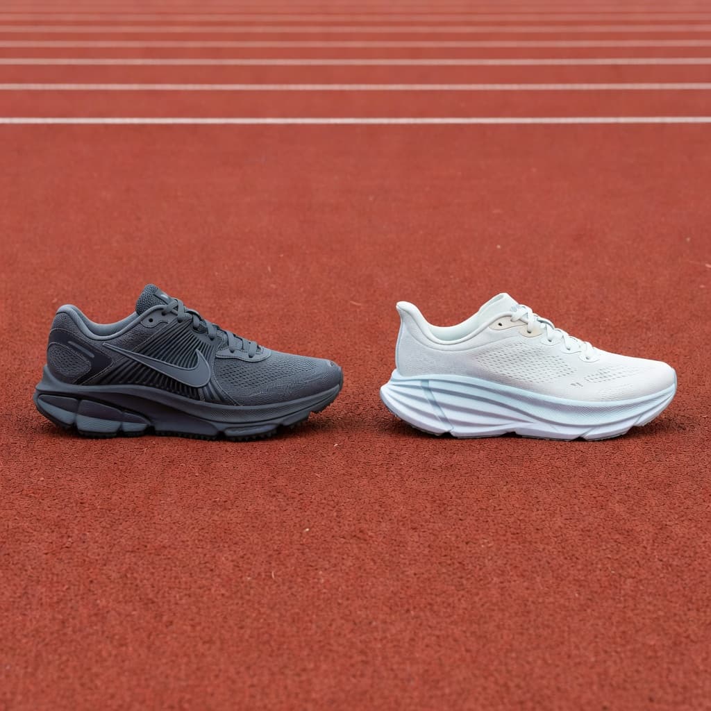 A high-end Nike road trainer sits beside a modern Hoka runner on a textured synthetic track surface. Both shoes are displayed in profile to highlight their distinct cushioning and sole geometry.