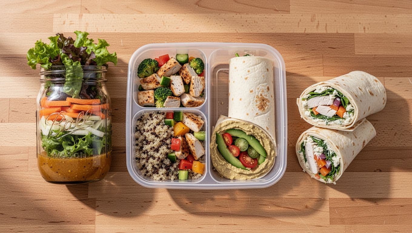 Flat lay assortment of four prepped packable lunches on a wooden kitchen counter: mason jar layered salad, quinoa grain bowl with veggies and chicken, hummus veggie wrap, and chicken salad wrap. Photorealistic composition in natural daylight with high detail, fresh textures, and vibrant colors.