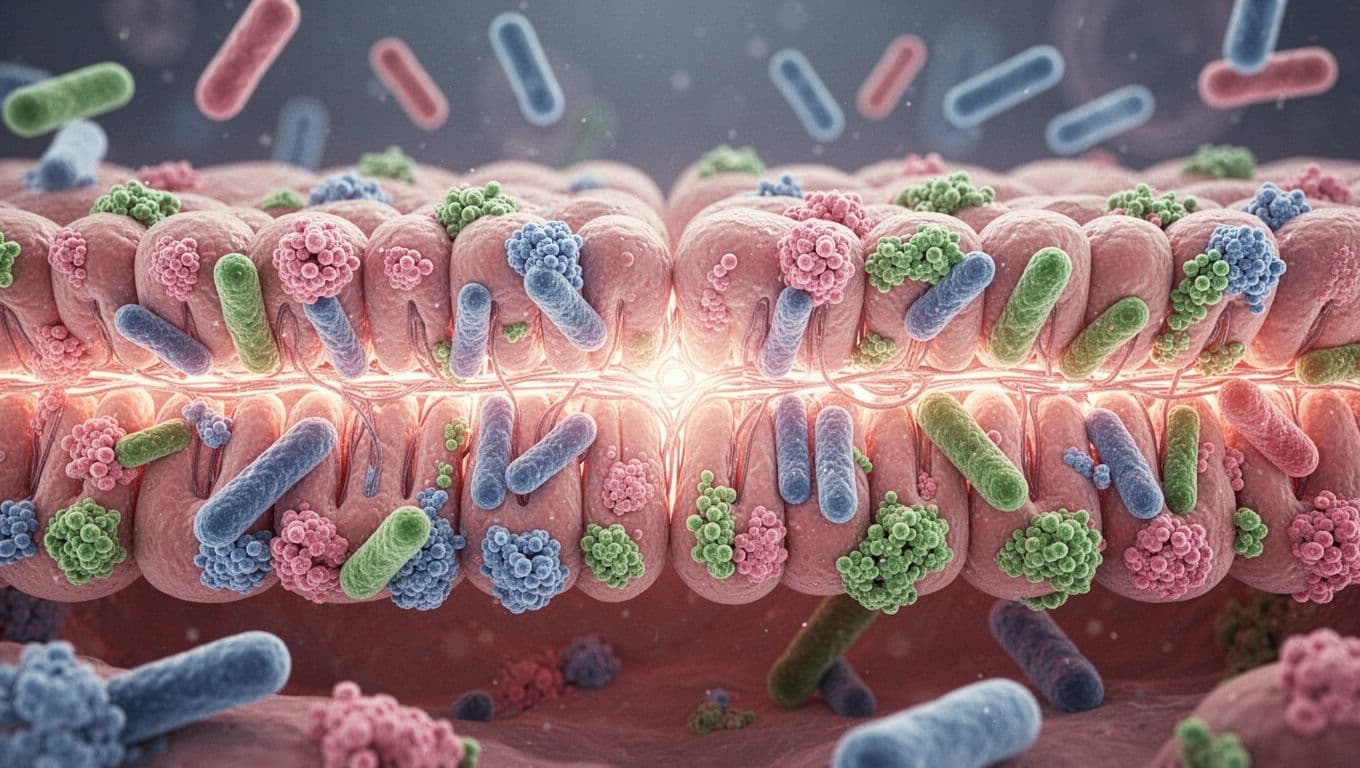 Vibrant microscopic view of beneficial probiotic bacteria like Bifidobacterium and Lactobacillus rebuilding and strengthening the intestinal gut barrier lining with colorful colonies adhering to epithelial cells and glowing tight junctions.