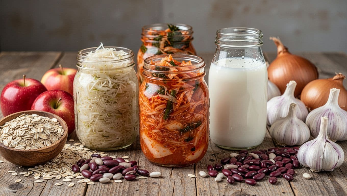 Vibrant close-up of mason jars filled with homemade sauerkraut, kimchi, and kefir on a rustic wooden table, surrounded by fresh oats, apples, beans, garlic, and onions.