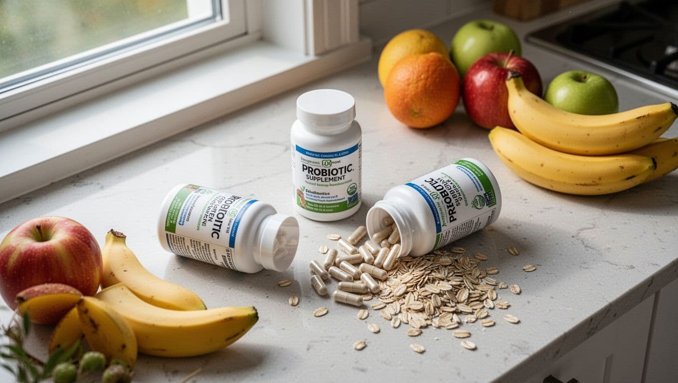 Neat kitchen counter displaying shelf-stable probiotic supplement bottles with capsules slightly spilling from one, alongside fresh bananas and oats as prebiotics, bathed in soft natural morning light, captured in realistic top-down photography style.