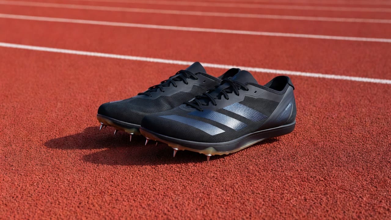 A pair of performance track spikes rests on a textured red synthetic surface. The metallic pins catch soft daylight, highlighting the aerodynamic contours of the sleek, lightweight footwear design.