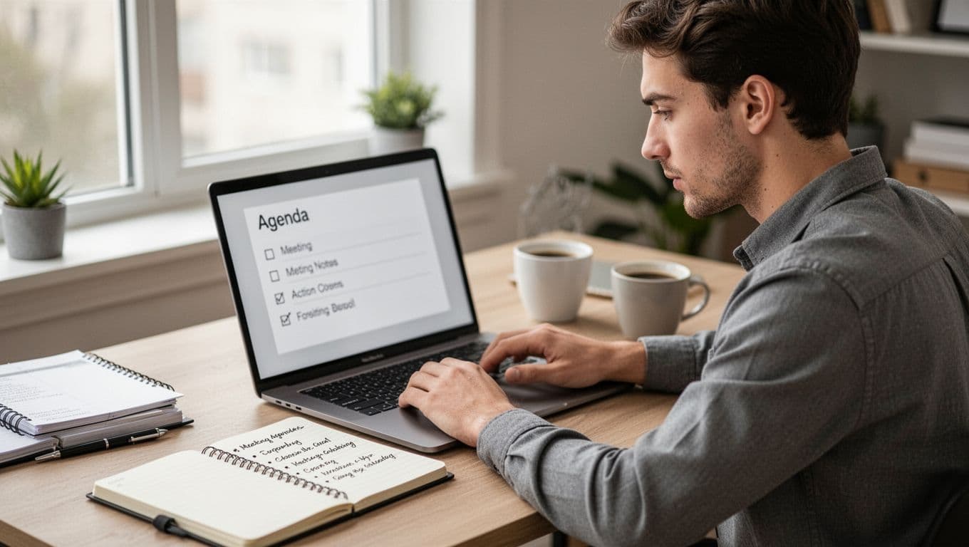 A young professional man at a tidy home office desk reviews blurred meeting notes on a laptop screen, with an open notepad, coffee cup, and planner nearby, in a concentrated yet relaxed pose under soft natural lighting.