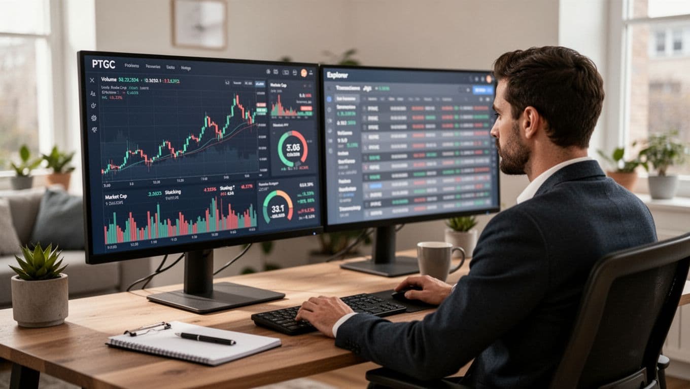 A focused professional trader in a modern home office monitors live PTGC cryptocurrency performance on dual screens showing blurred price charts, metrics dashboard with volume, market cap, and staking APY, plus a transaction explorer.