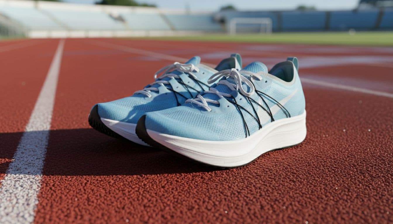 A pair of high-performance racing shoes with thick foam soles rests on an outdoor athletic track. Bright morning sunlight highlights their aerodynamic contours against the softly blurred running lane background.