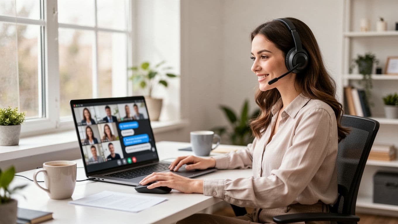 Young professional woman in a bright home office on a professional video call, using laptop with blurred participant thumbnails, wearing wireless headset, relaxed posture, coffee mug nearby, natural light, modern style.