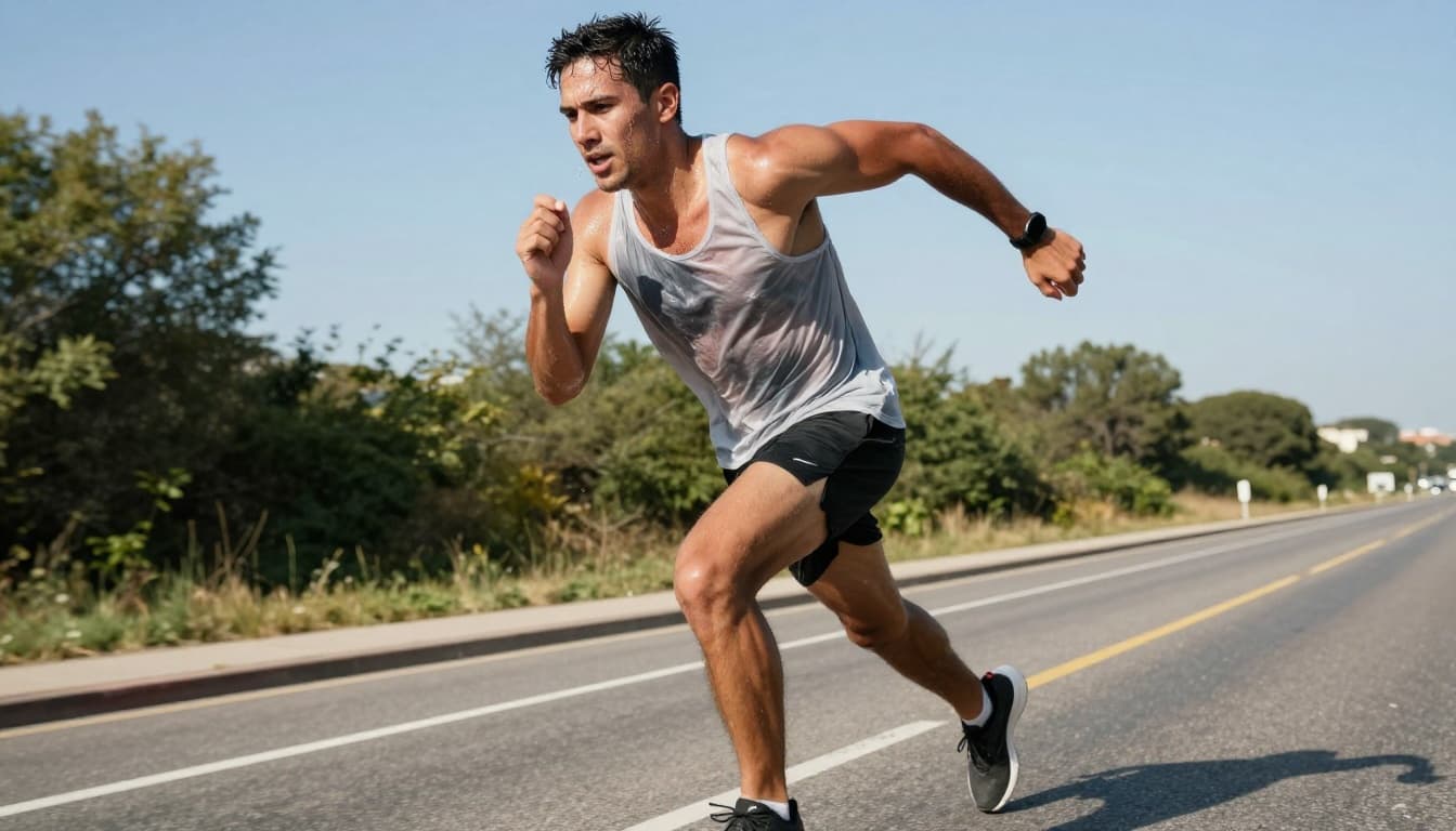 Athletic male runner in his 30s sweats heavily during a long sunny road run, with visible sweat beads on face, neck, arms, and soaked shirt, captured in dynamic side angle with motion blur on legs.