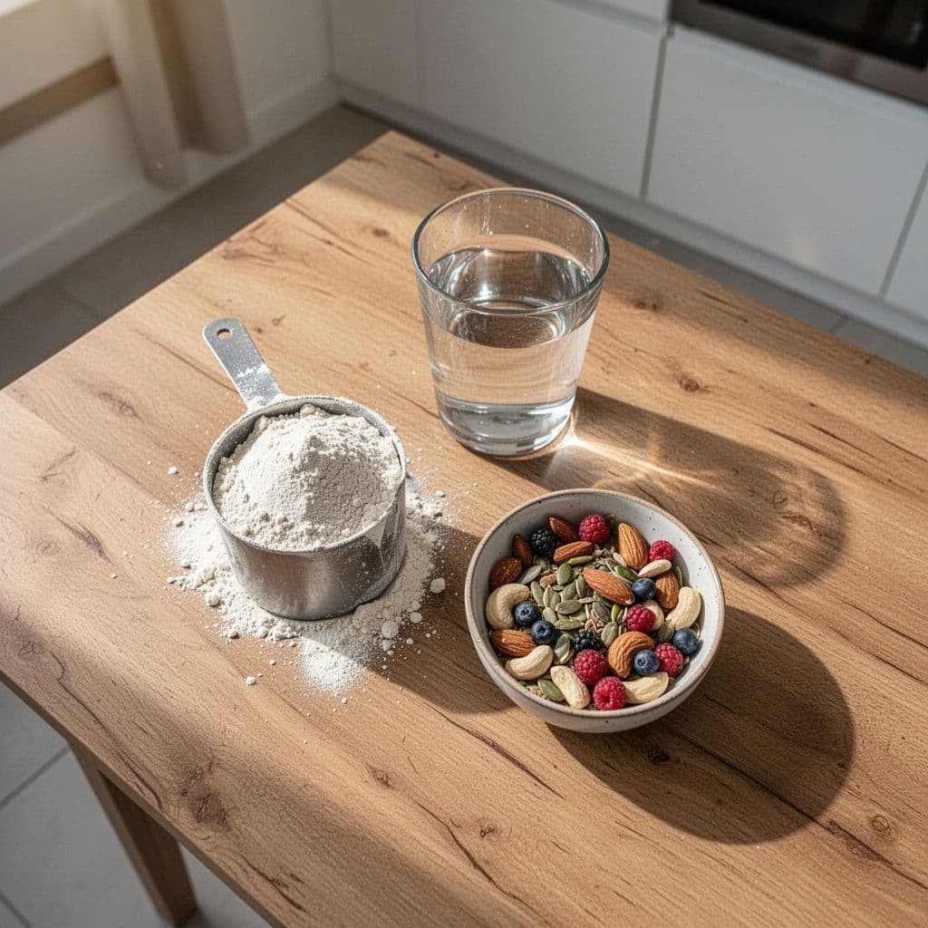A protein powder scoop, glass of water, nuts, and berries sit on a wooden table.