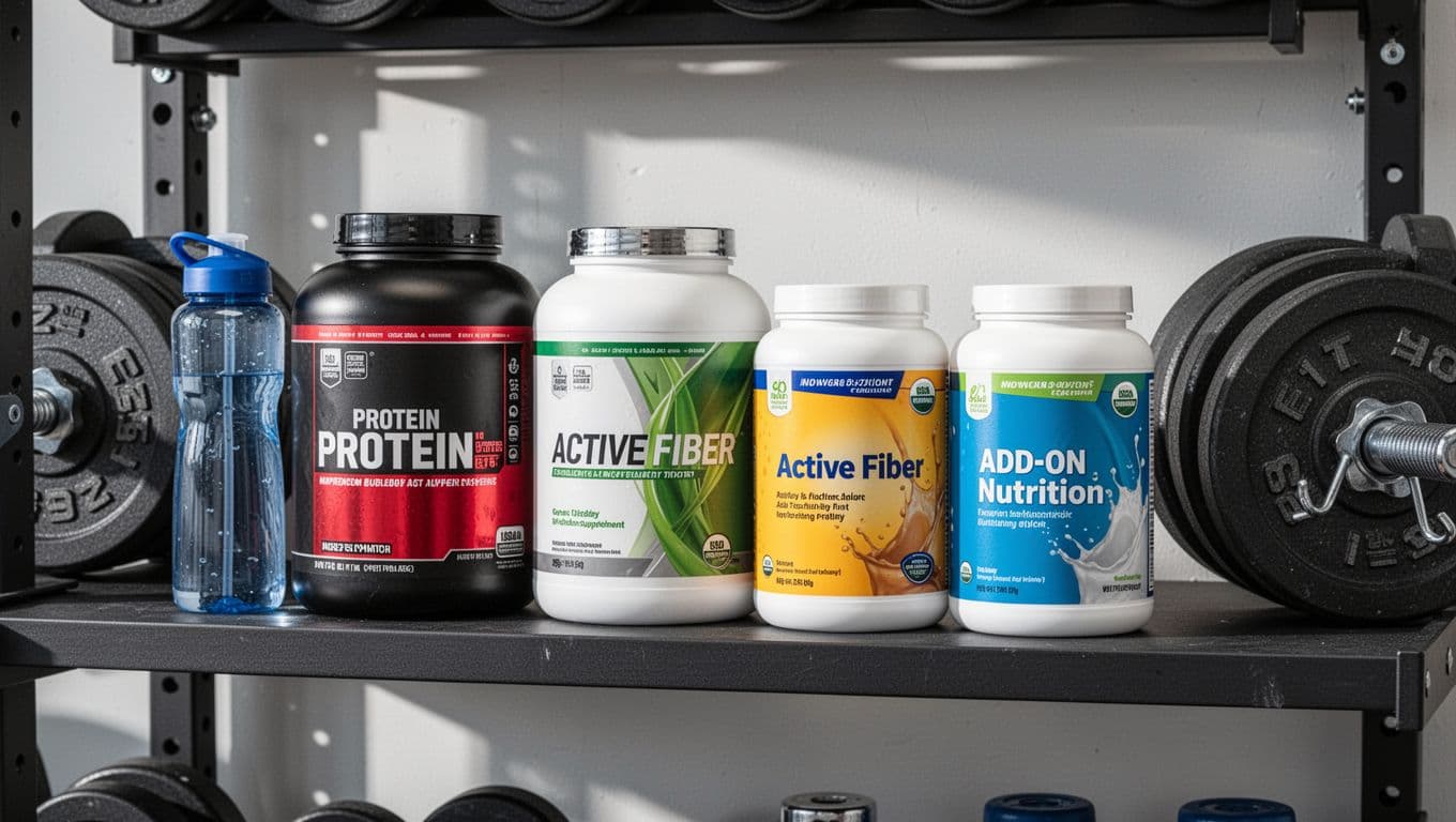 Containers of protein powder, active fiber supplement, and add-on nutrition products arranged on a fitness gym shelf, with water bottle and weights in the background under bright indoor lighting.