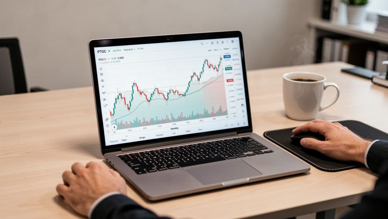 A laptop on an office desk displays a simple cryptocurrency price chart for PTGC in monthly view, with relaxed hands nearby, a coffee mug, and mouse pad under soft lighting in realistic style.