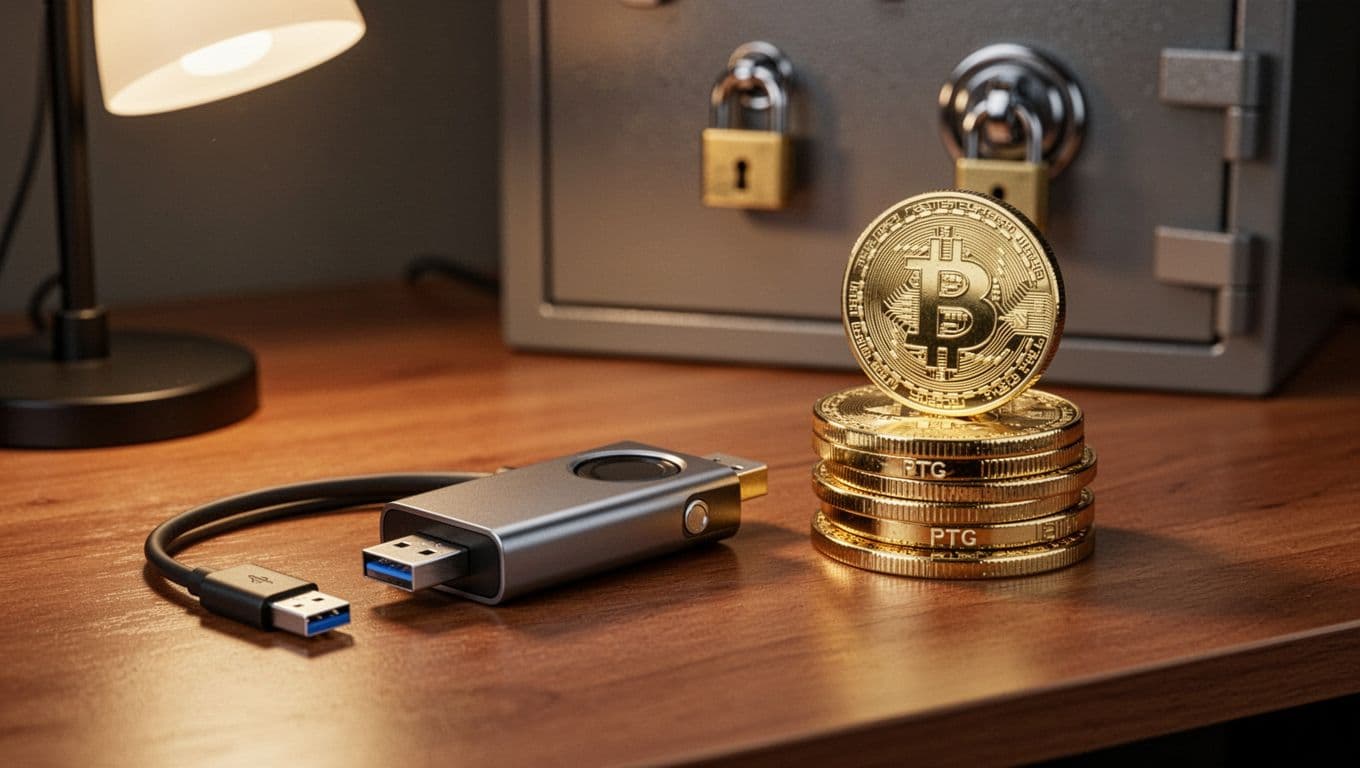 A photorealistic close-up of a hardware cryptocurrency cold wallet USB-style device on a wooden desk next to a short USB cable and a stack of three shiny PTGC coins, with warm desk lamp lighting and faint locked safe background.