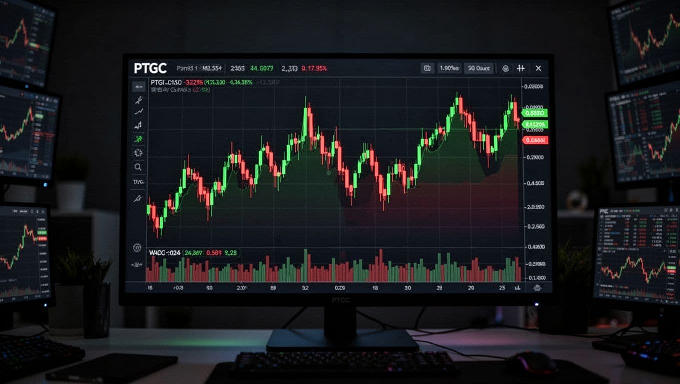 Jagged volatile candlestick chart displaying PTGC cryptocurrency price swings over 24 hours and week on a single large dark monitor screen in a dimly lit trading room. Realistic glowing digital display, high detail, landscape aspect ratio with no text, people, or borders.