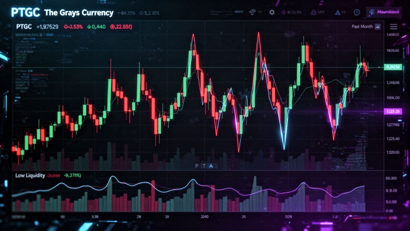 Dynamic candlestick chart of PTGC The Grays Currency featuring wild recent price swings with sharp peaks and drops on a dark trading screen background, red and green candles, volume bars, subtle liquidity line, and cyberpunk neon accents.