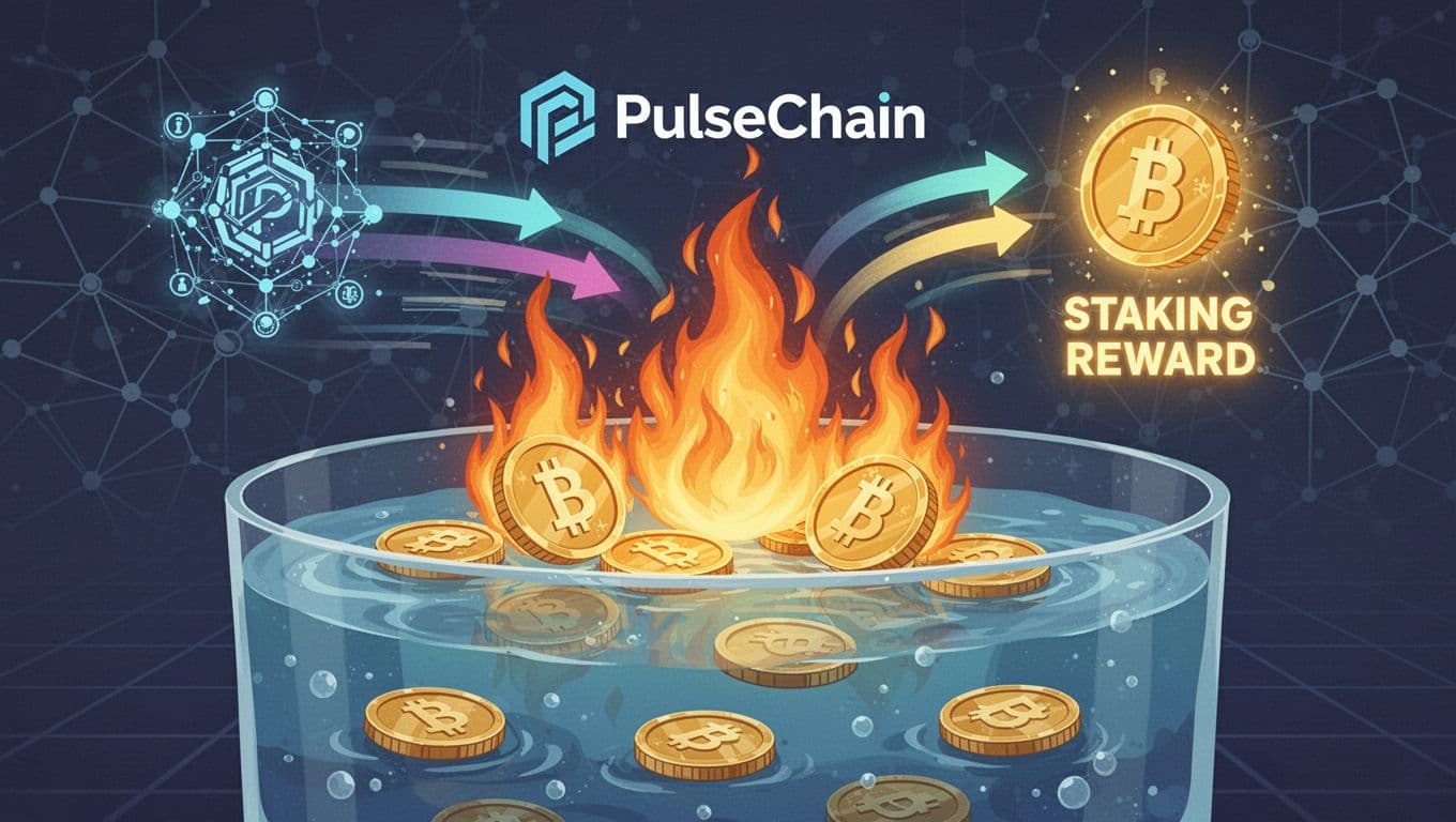 Digital illustration of PTGC cryptocurrency tokens in a liquidity pool with auto-burn flames consuming tokens during trades and glowing staking reward icons, set against the PulseChain blockchain network background.