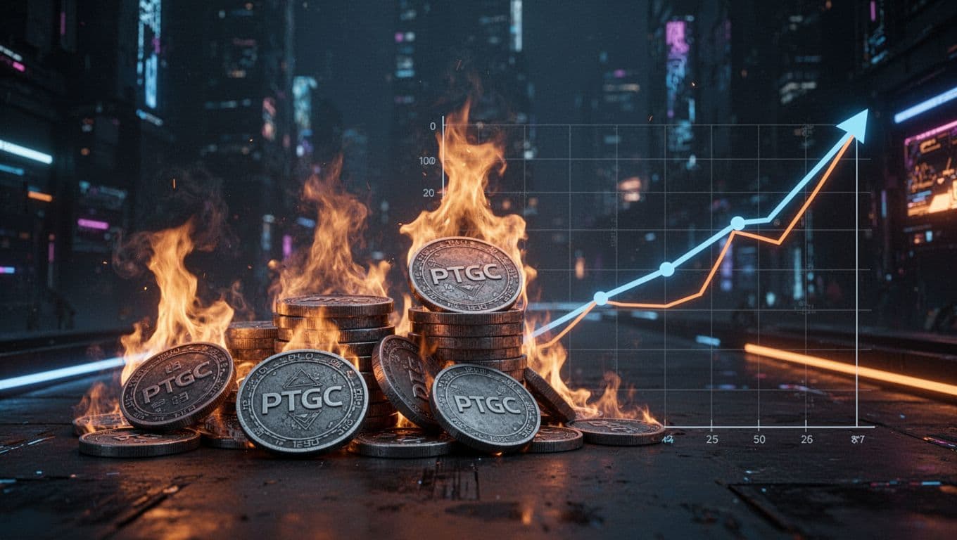 Stack of gray PTGC tokens burns in controlled flames with shrinking pile sequence, adjacent line graph shows decreasing supply and rising price line on dark cyberpunk background with neon blue and orange glow.