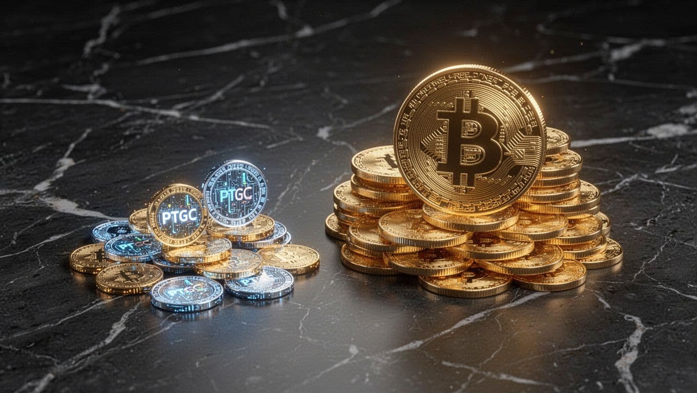 A simple 3D visualization shows a small cluster of shiny PTGC digital coins next to an enormous pile of Bitcoin coins on a sleek dark marble surface, highlighting the market cap difference with dramatic side lighting and realistic render style.