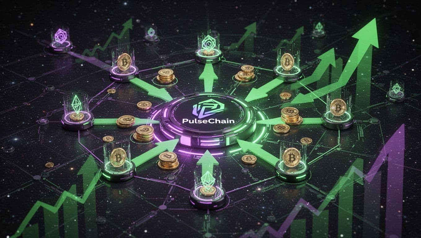 Futuristic digital art of a growing blockchain ecosystem featuring a central PulseChain hub surrounded by interconnected nodes and gaining momentum tokens, with green expansion arrows and upward trends on a dark starry background illuminated by purple and green neon glow.