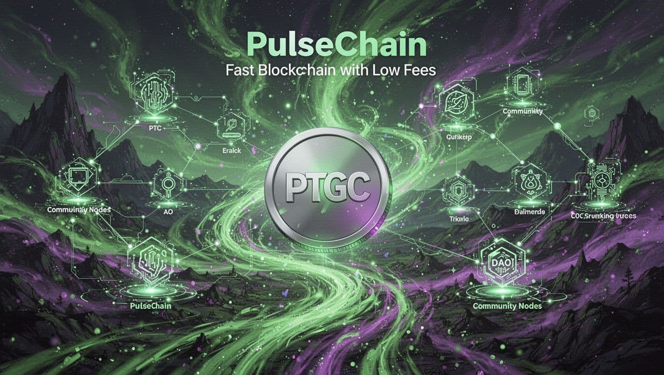 Abstract digital scene of PulseChain blockchain featuring central PTGC token symbol, connected community DAO nodes, fast low-fee network, vibrant green and purple hues, dynamic energy flow in landscape composition.