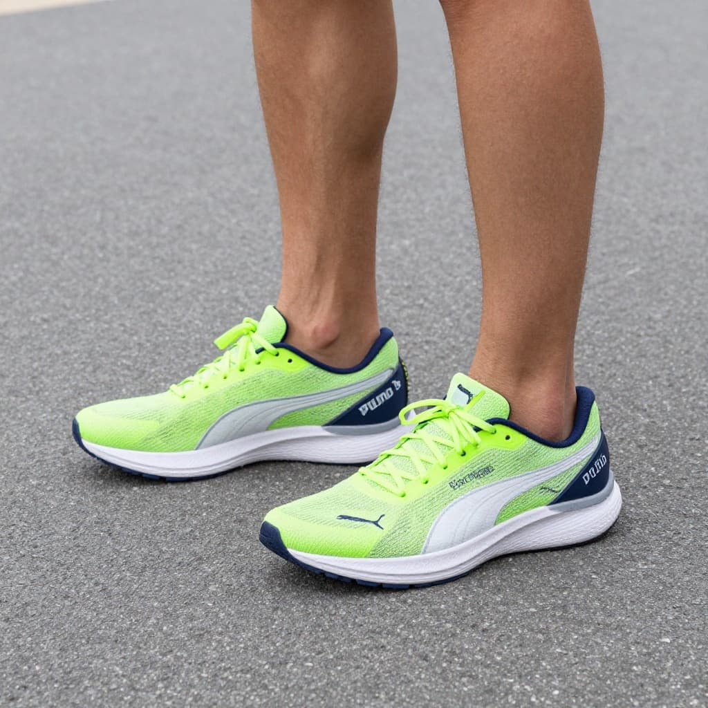 Brightly colored Puma running shoes stand on a clean gray asphalt road under natural daylight.