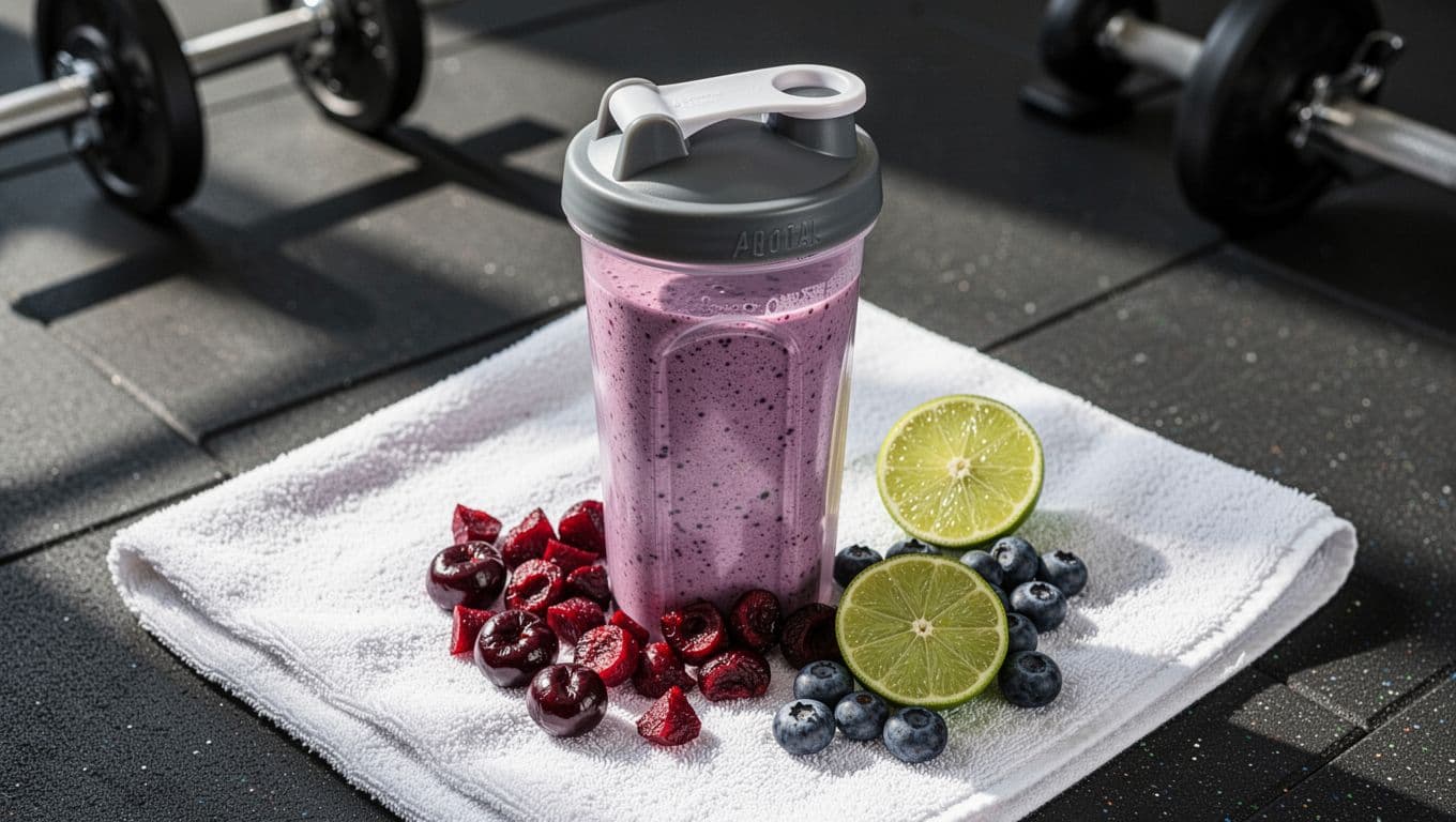 Shaker bottle filled with smooth purple berry vegan protein shake, tart cherry pieces at base, fresh blueberries and lime slice on gym towel. Photorealistic overhead fitness photography in vibrant natural light.