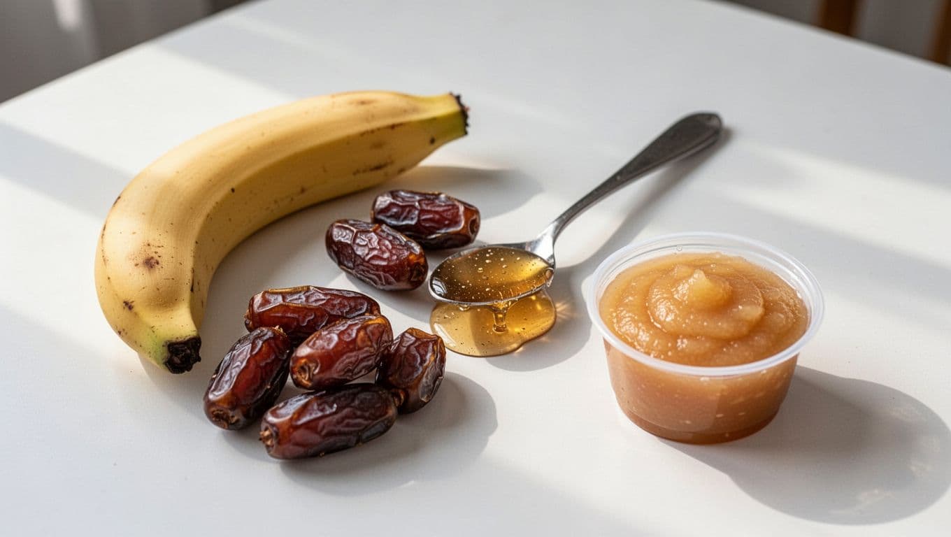 Ripe halved banana, handful of pitted dates, honey drizzled on a spoon from a small jar, and cup of applesauce on a clean white surface with soft morning light.