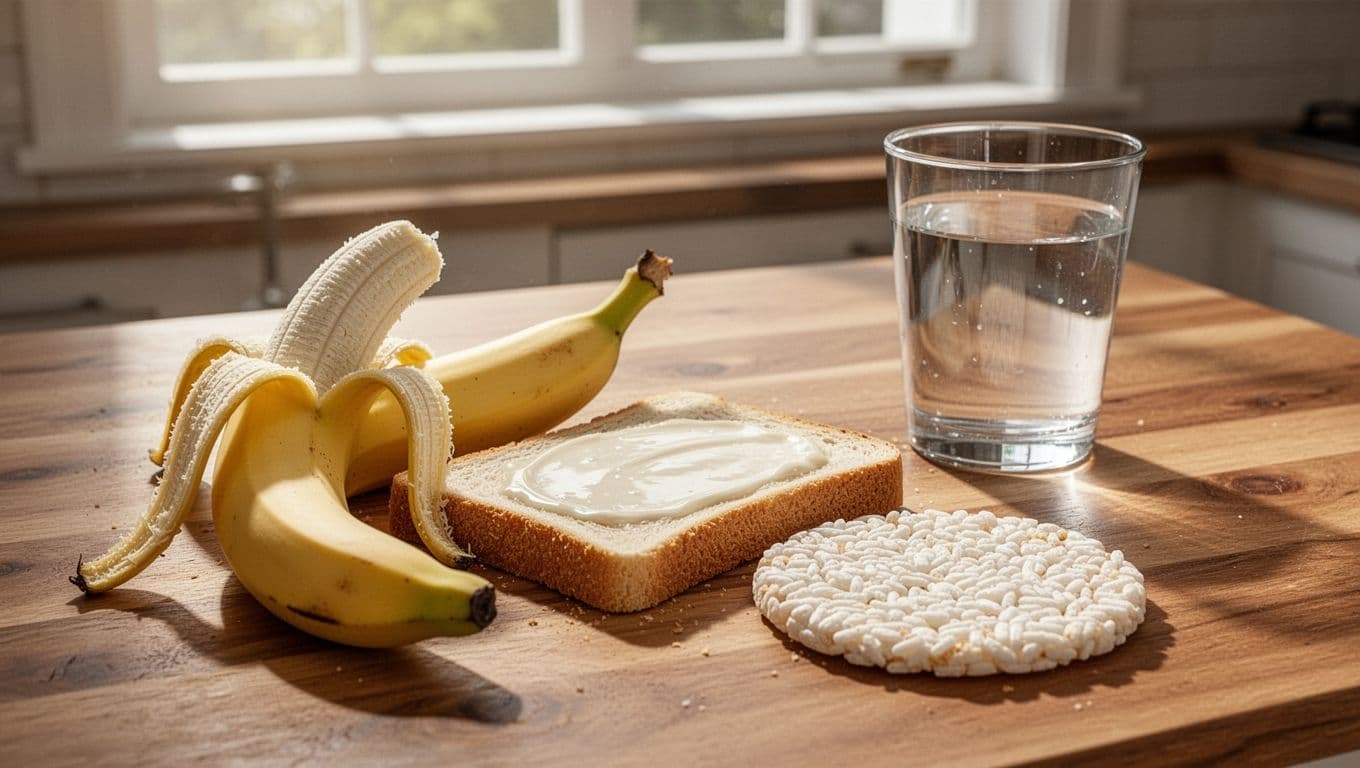 A simple morning breakfast setup on a wooden kitchen table: one ripe banana peeled halfway, a slice of white toast with a thin spread, and a plain rice cake arranged neatly beside a glass of water, with morning sunlight filtering through a window, photorealistic style, soft natural lighting, high detail on textures.