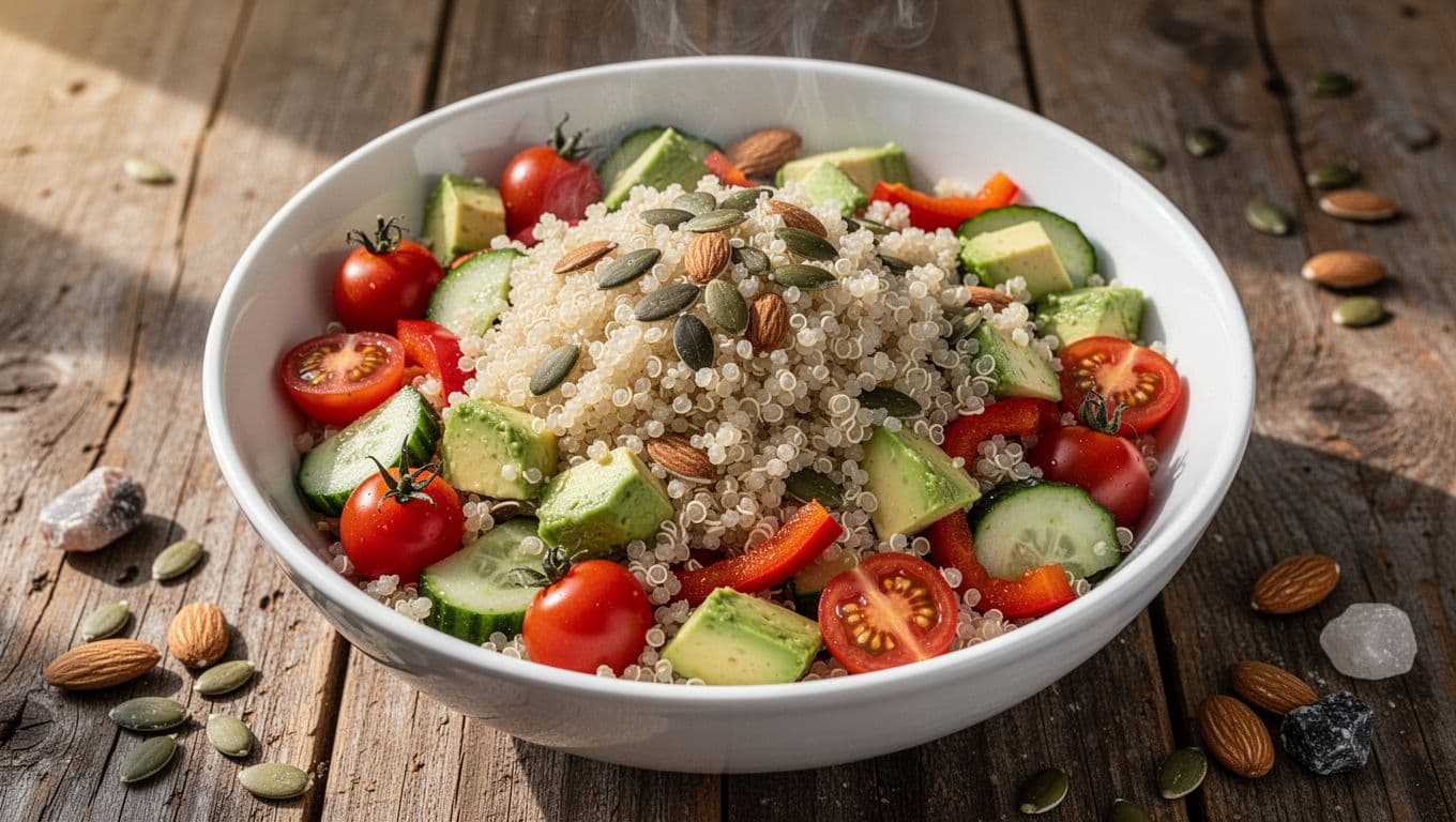 Photorealistic close-up of a large white ceramic bowl overflowing with fluffy cooked white quinoa mixed with colorful fresh vegetables like cherry tomatoes, sliced cucumbers, avocado chunks, red bell peppers, and sprinkled pumpkin seeds and almonds on a rustic wooden table, soft morning sunlight, top-down angled view.