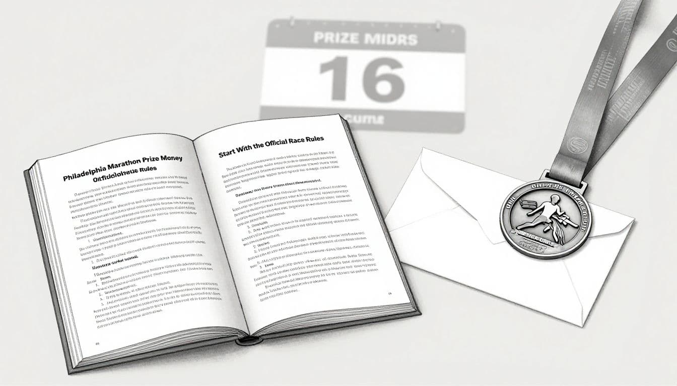 An open race rulebook beside a medal and blank envelope on a clean desk.