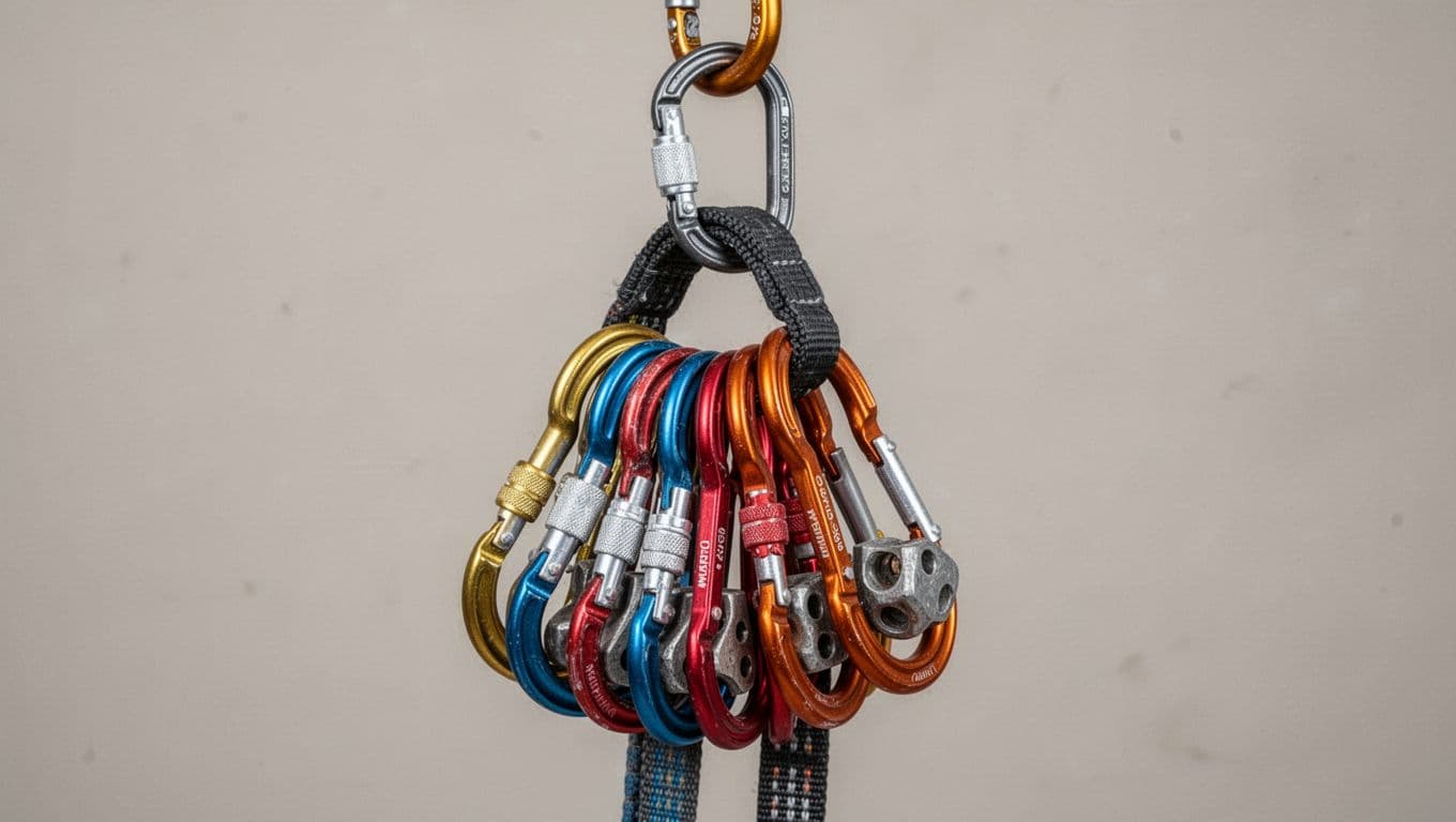 A climber's gear sling racked with Wild Country Rock On Wires sizes 4-7 doubled in rainbow colors (gold, blue, red, orange), plus Black Diamond Stoppers and DMM Wallnuts, hanging from a carabiner on a neutral background in a realistic product photo with natural even lighting.
