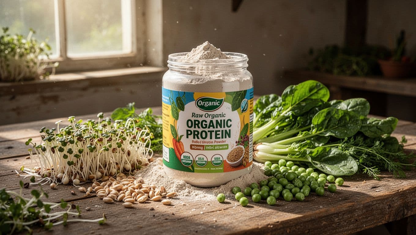 Vibrant jar of raw organic protein powder surrounded by sprouted seeds, peas, and fresh greens on a wooden farm table under soft natural sunlight.