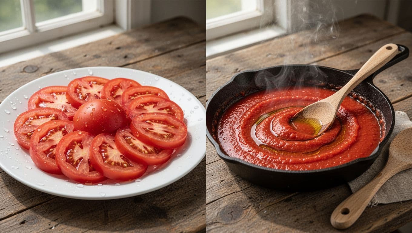 Landscape view comparing fresh raw sliced red tomatoes on a white plate with water droplets to cooked tomato sauce simmering in a cast iron pan with olive oil and steam rising.