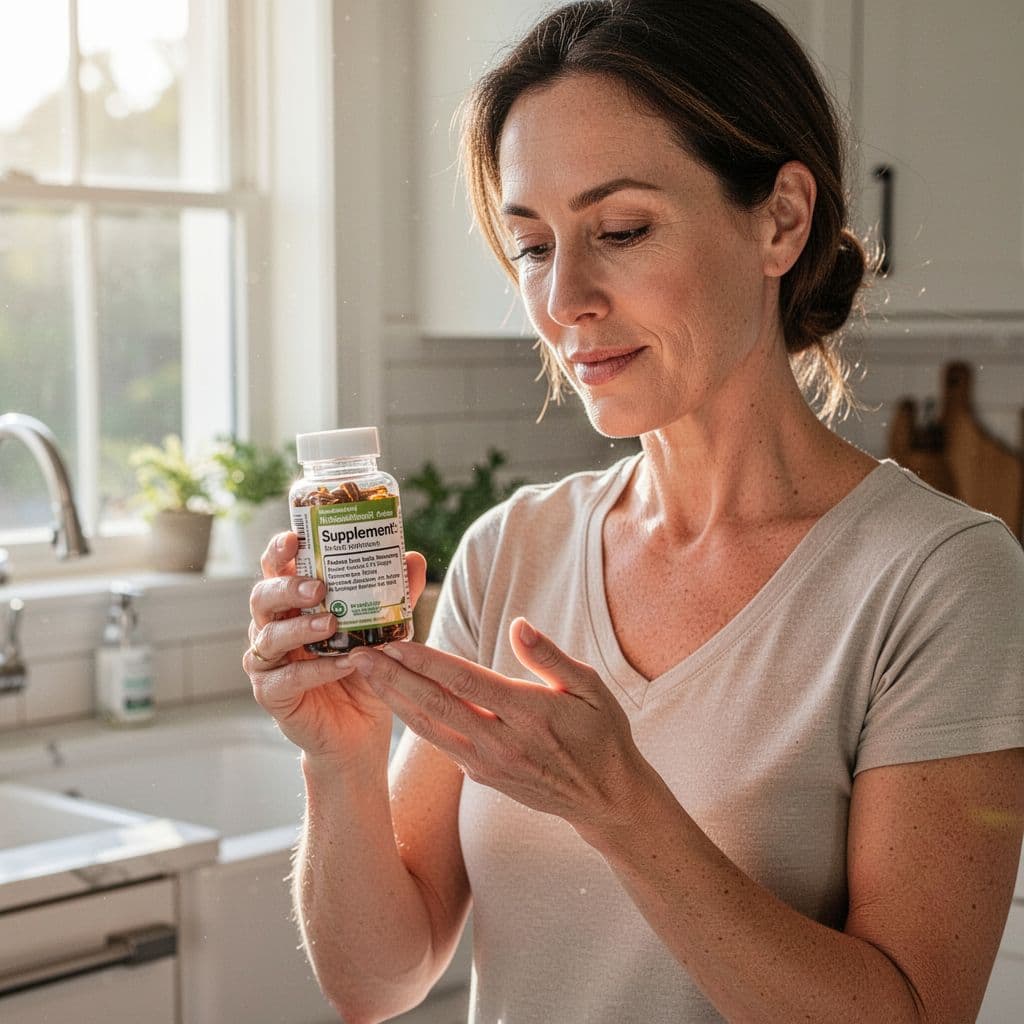 A person stands in a bright kitchen carefully reading the information on a supplement bottle.