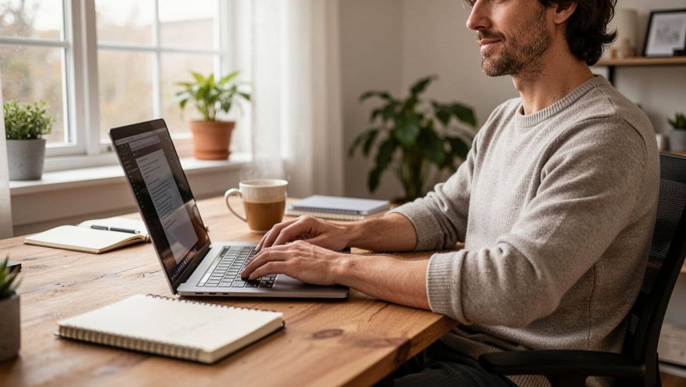 A person in their 30s sits relaxed at a wooden desk in a bright home office, working on an open laptop with hands on the keyboard, coffee mug and notebook nearby, soft natural light from window.