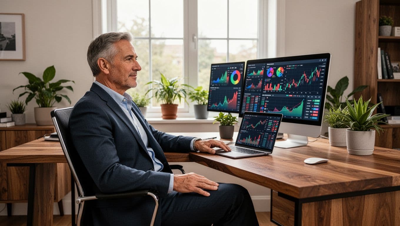 A confident investor in their 40s sits relaxed at a modern wooden home office desk, laptop angled to show vague colorful real estate charts and digital asset graphs, with natural daylight from a window behind and potted plants on the desk.