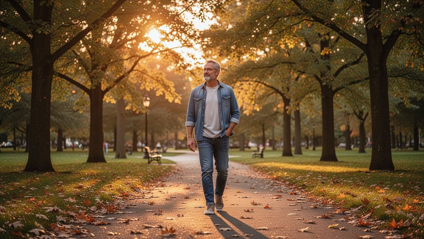 A single relaxed adult walks slowly on a leafy park path during golden hour sunset, in casual clothes with hands relaxed at sides, enjoying a serene post-meal unwind in soft warm light through trees.