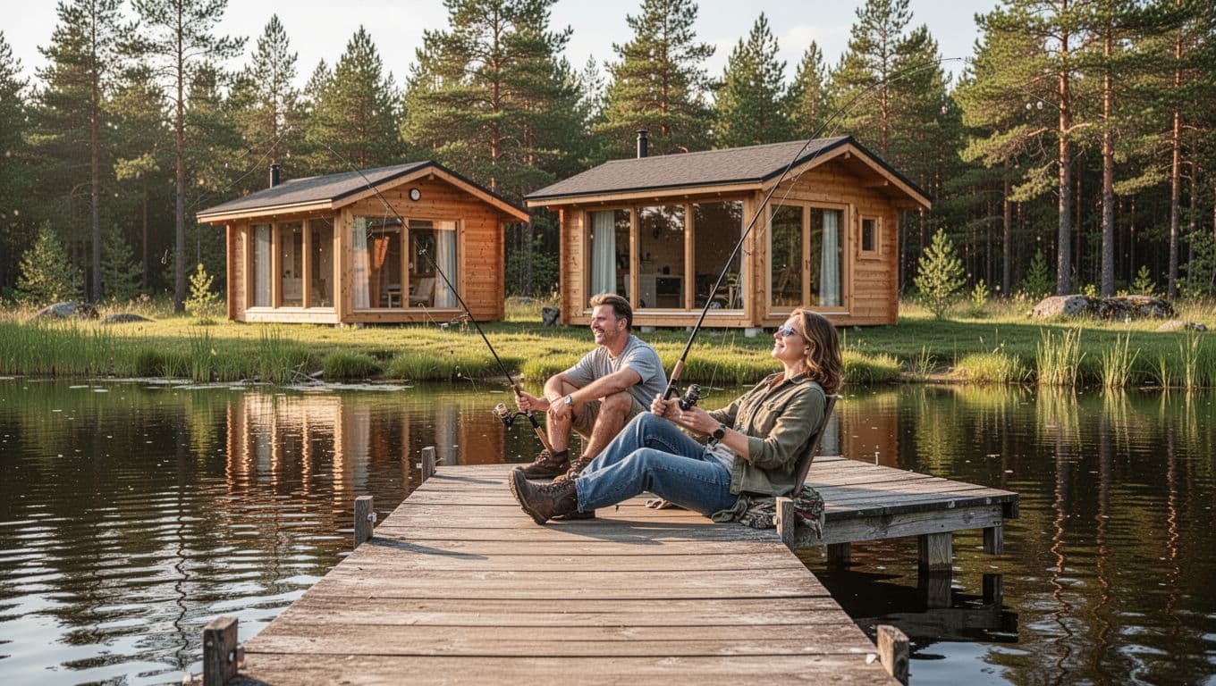A relaxed person with a fishing rod sits on a wooden dock extending over a calm lake, with a small cozy wooden lake house featuring large windows on the grassy shore, surrounded by pine trees in sunny afternoon light.