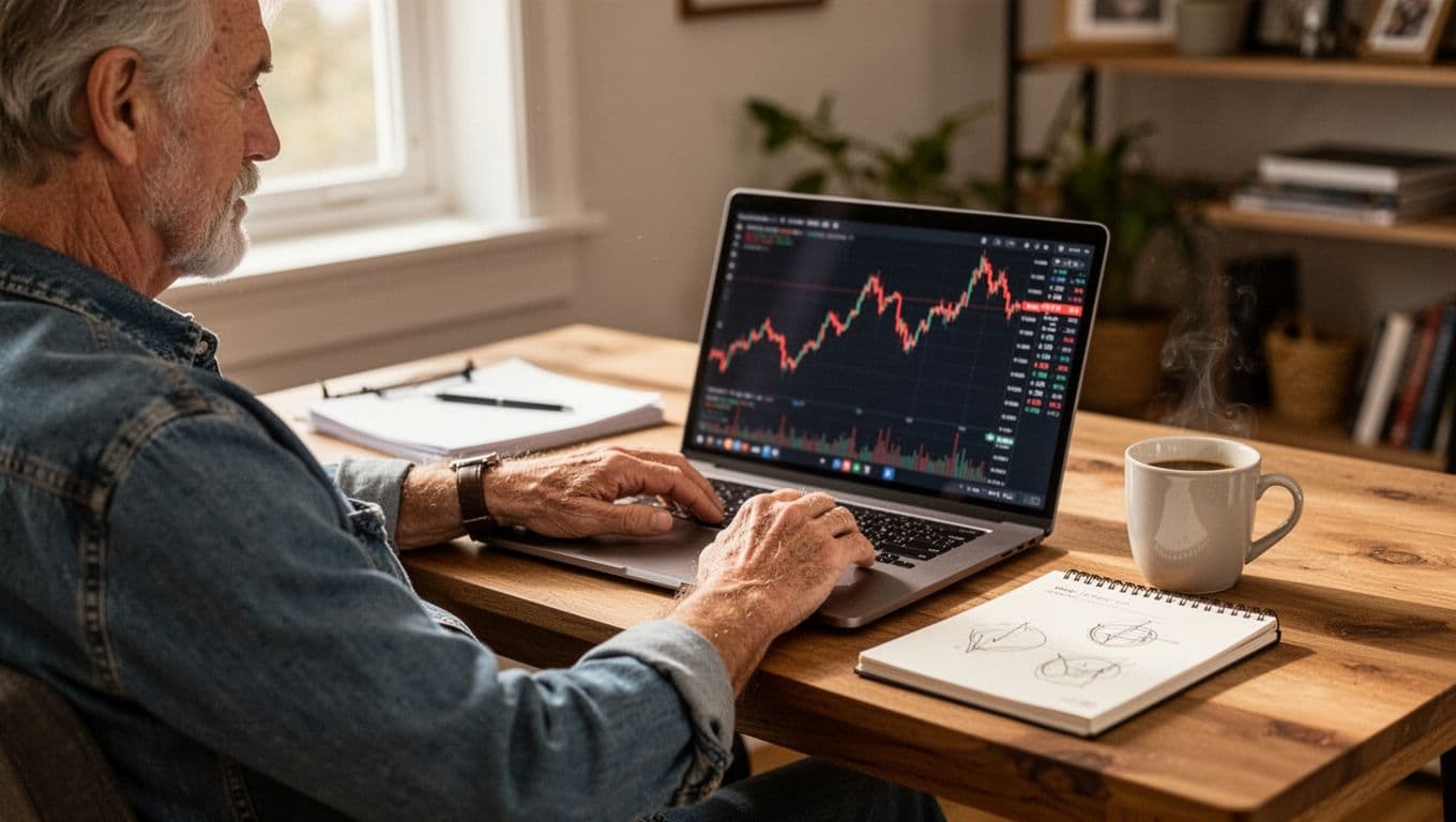 A middle-aged person in casual clothes sits relaxed at a wooden home office desk, viewing a blurred downward-trending red stock chart on a laptop, with hands near keyboard, notebook sketches, coffee mug, and natural morning light.