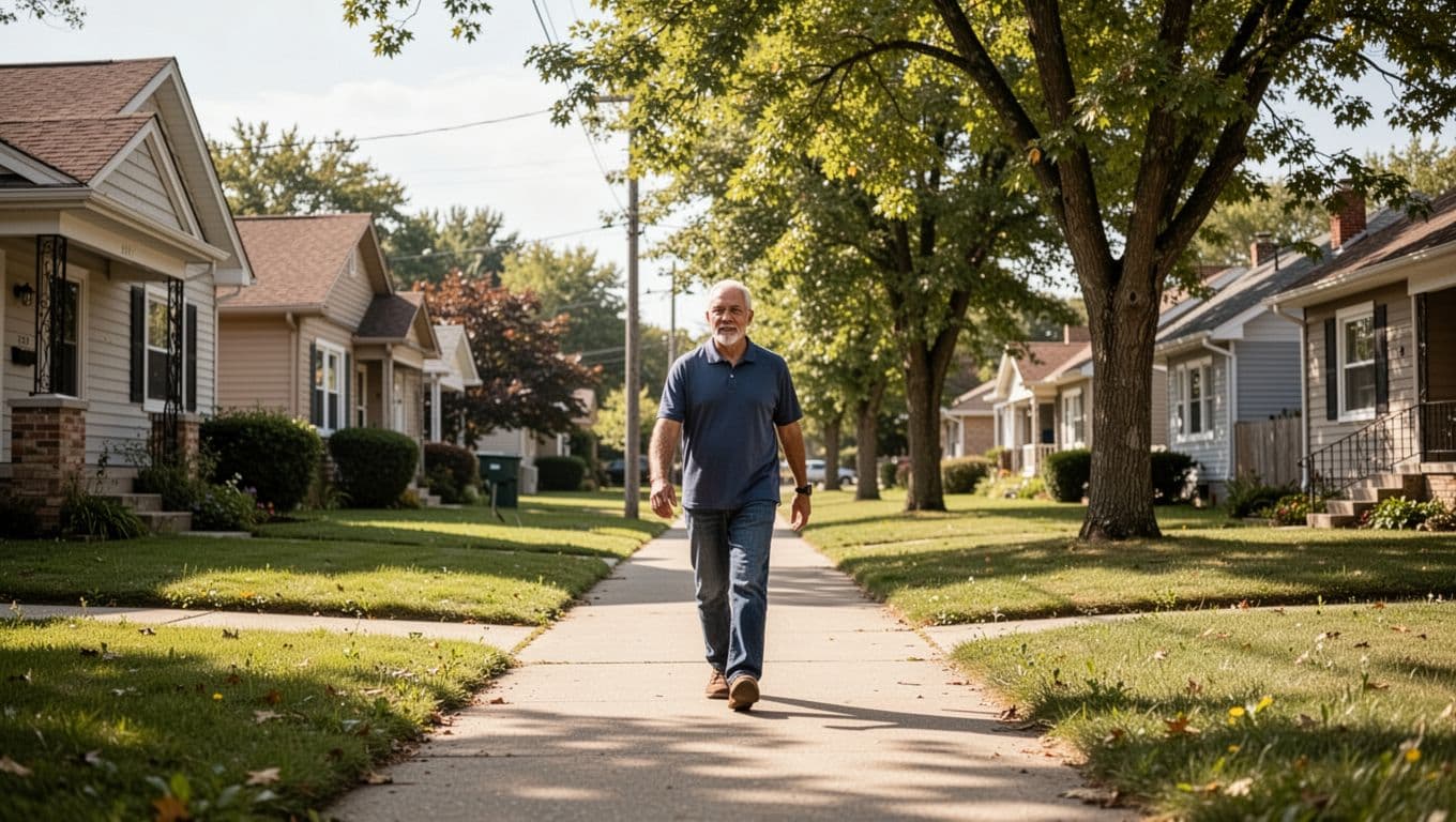 A single person walks casually on a neighborhood sidewalk during a sunny day, enjoying a short post-meal stroll with relaxed posture, arm swinging naturally, and simple background of houses and trees in realistic photography style.