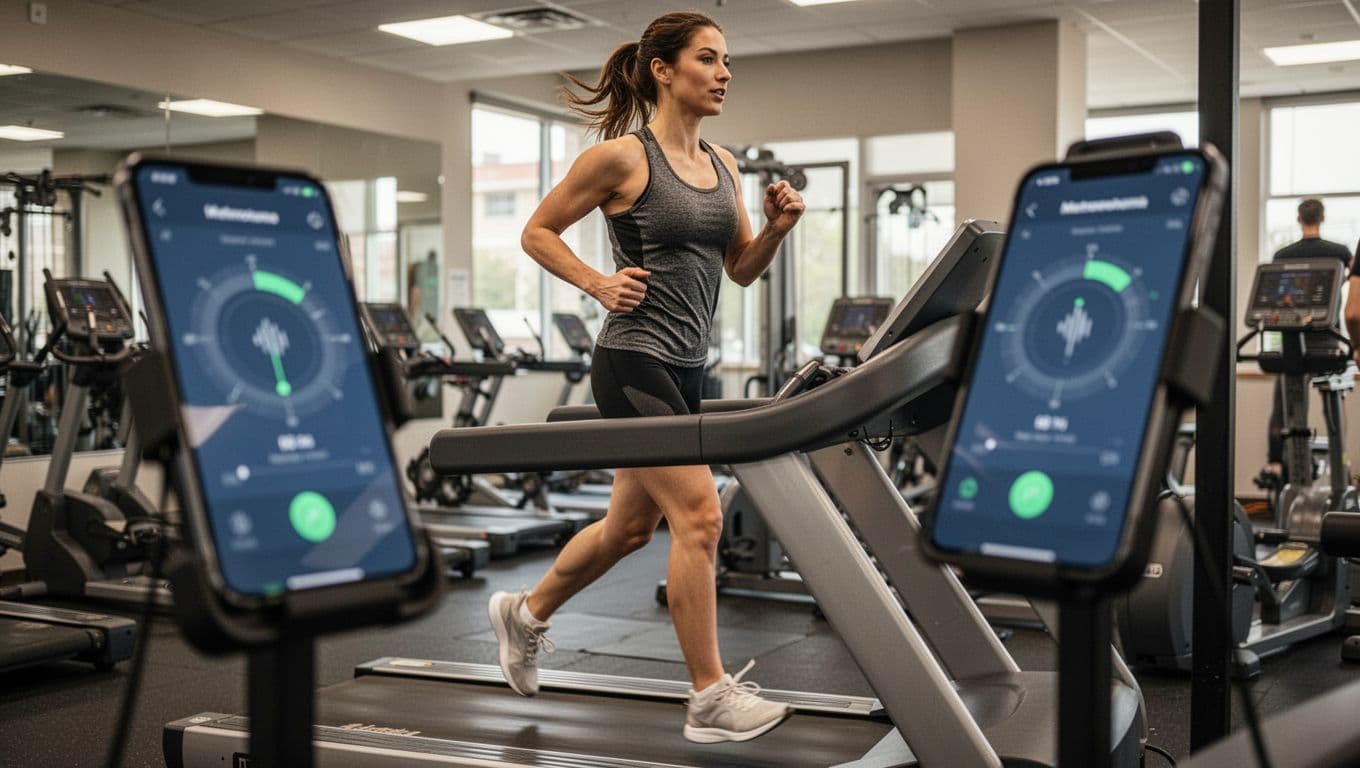 A single runner in athletic gear jogs easily on a treadmill in a gym, with a phone mounted nearby showing a blurred metronome app screen at an angle. The runner exhibits quick light steps and relaxed posture under natural indoor lighting, realistic photo with no text, logos, or extra elements.