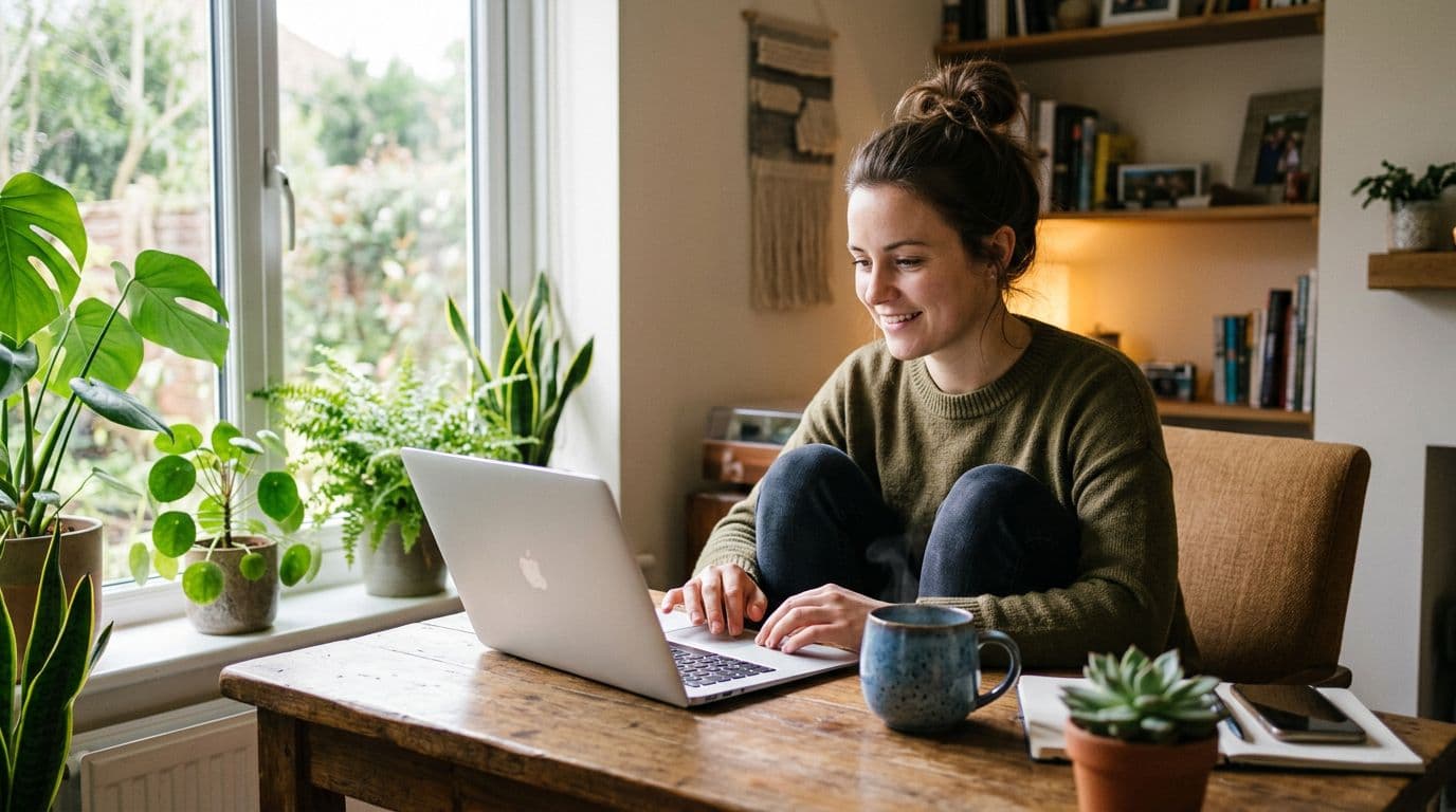 One person in casual clothes working remotely from a cozy home office or coffee shop setup, with a laptop open at an angle, coffee mug nearby, relaxed posture, plants, and natural light from a window.