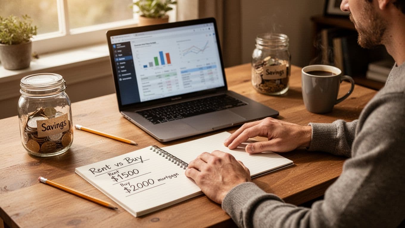 A single person sits at a desk in a cozy home office comparing rent and buy housing costs, with a laptop displaying vague charts, a notepad showing simple calculations like rent $1500 and buy $2000 mortgage, pencil, savings jar, and coffee mug, under warm natural daylight.